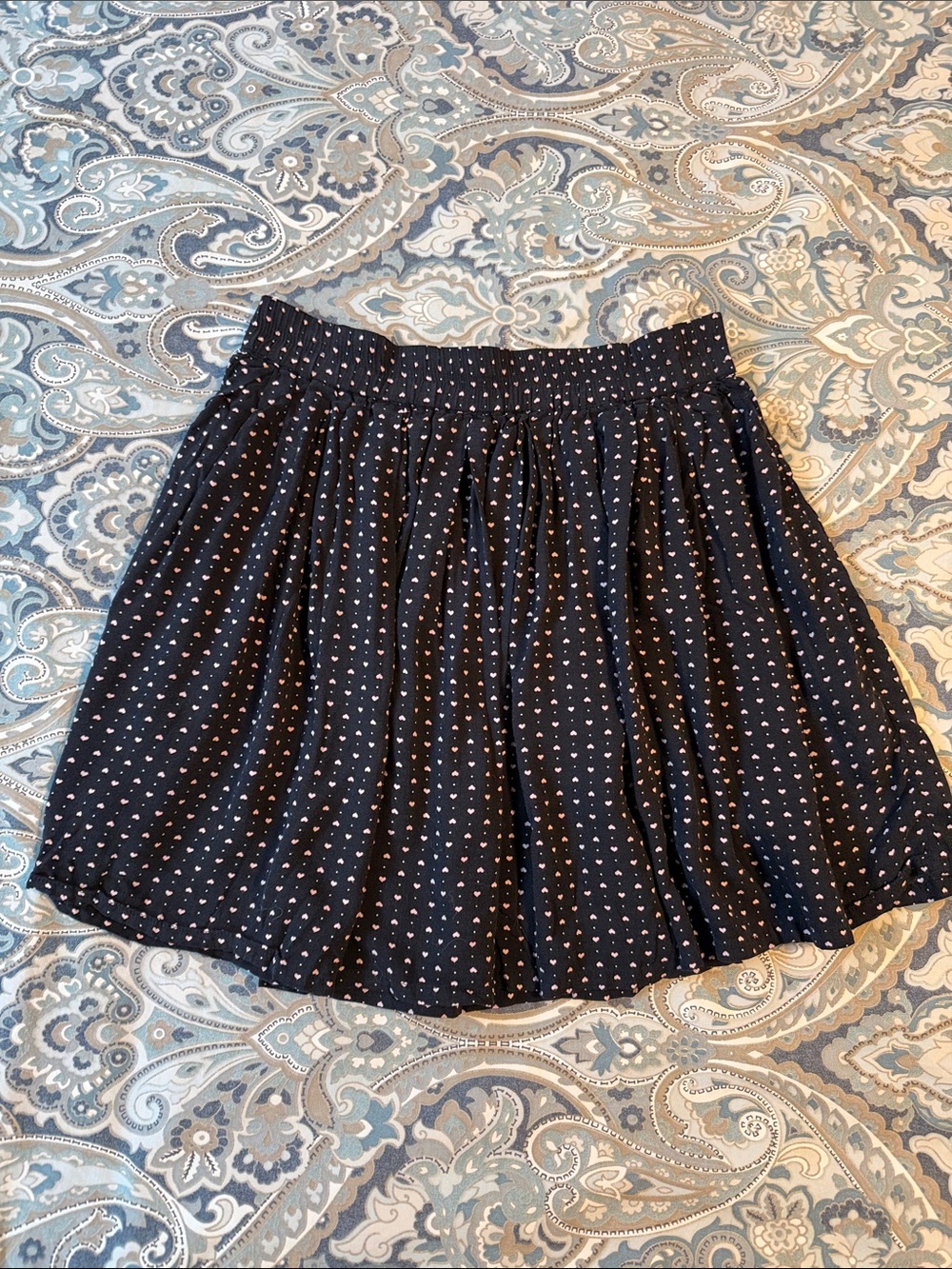 Black Mini Skirt with Pink Heart Dot Print - Pleated A-Line